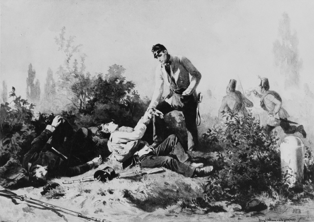 Battle of Solferino, June 1859. Medical officer cadet bandaging a wounded soldier on the front line.